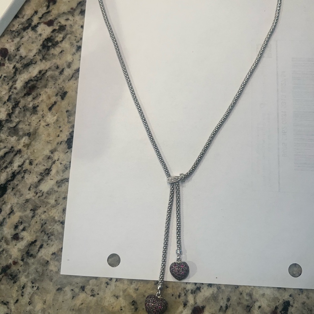 Elegant Lariat Silver Ruby Hearts Pendant Necklace